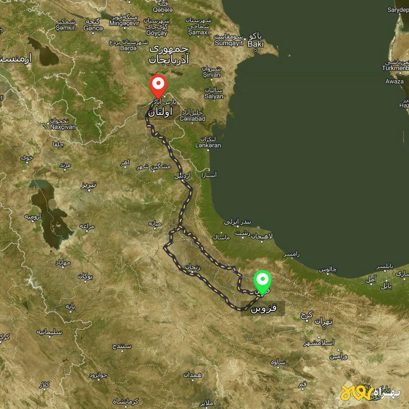 مسافت و فاصله اولتان - اردبیل تا قزوین از ۲ مسیر - شهریور ۱۴۰۳