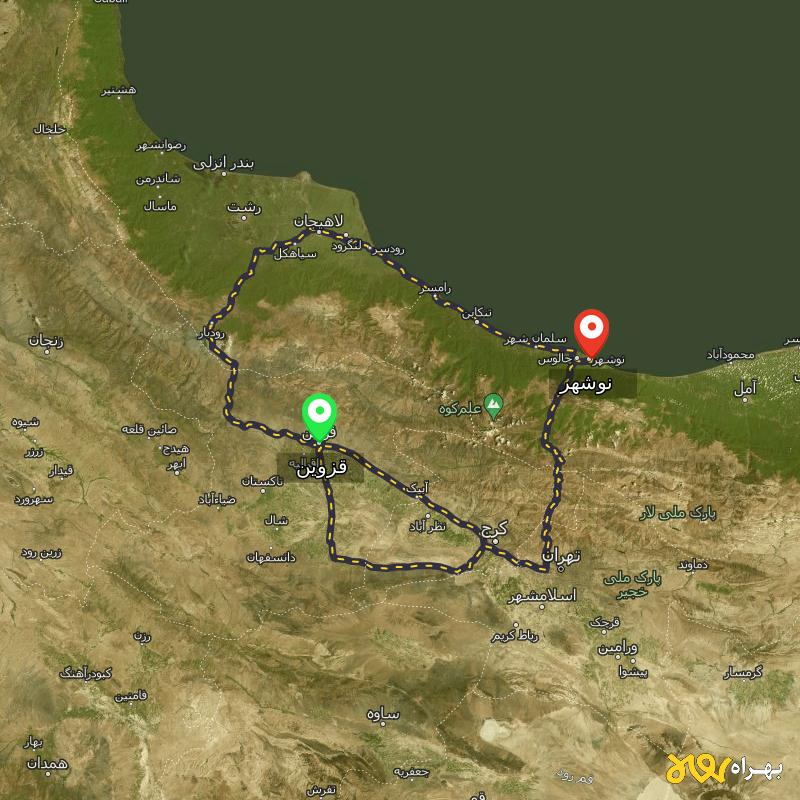 مسافت و فاصله نوشهر - مازندران تا قزوین از ۳ مسیر - اردیبهشت ۱۴۰۳