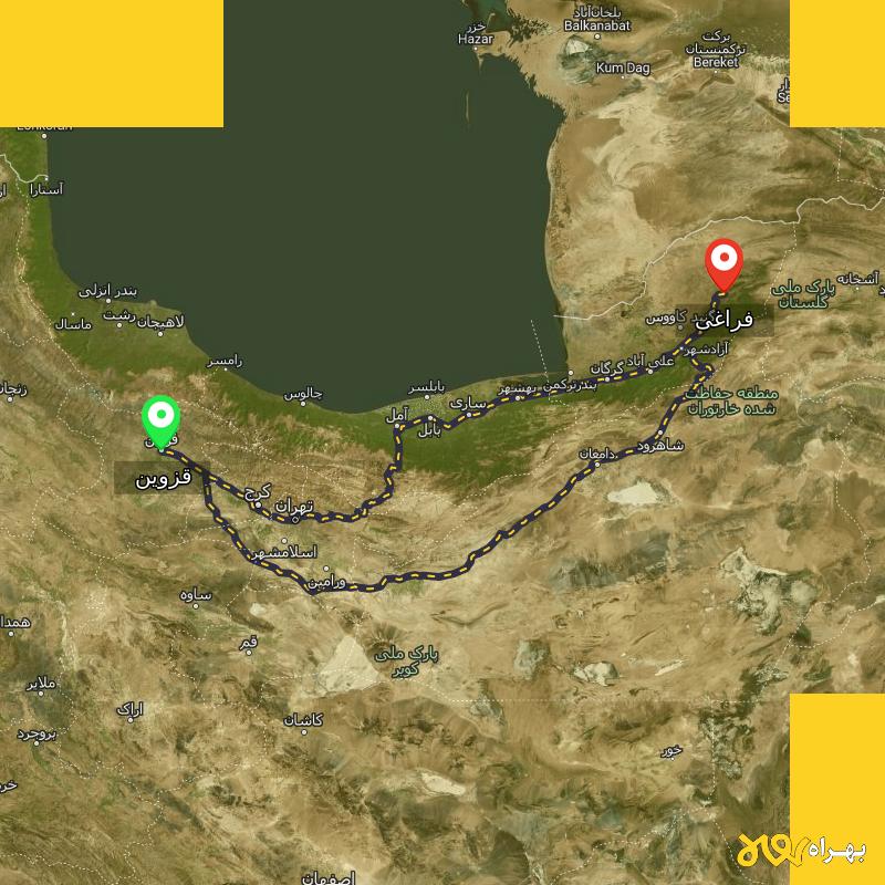 مسافت و فاصله فراغی - گلستان تا قزوین از ۲ مسیر - شهریور ۱۴۰۳