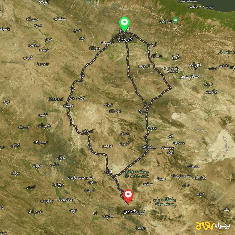 مسافت و فاصله خمین - مرکزی تا قزوین از ۳ مسیر - اردیبهشت ۱۴۰۳