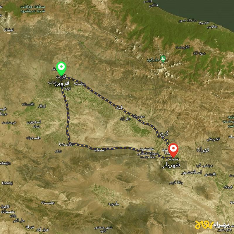 مسافت و فاصله شهریار تا قزوین از ۲ مسیر - اردیبهشت ۱۴۰۳