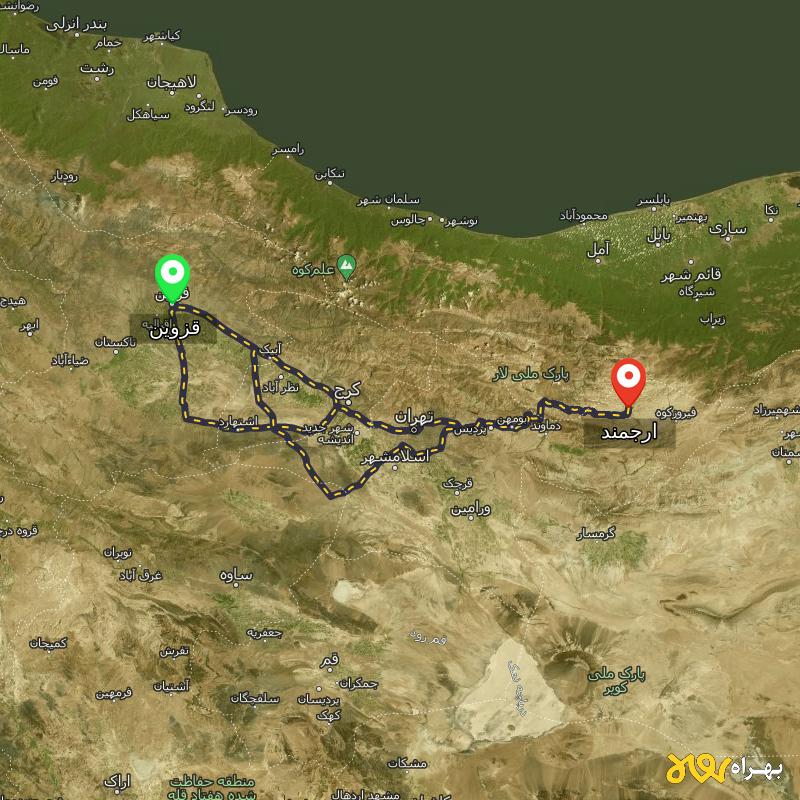 مسافت و فاصله ارجمند - تهران تا قزوین از ۳ مسیر - مرداد ۱۴۰۳