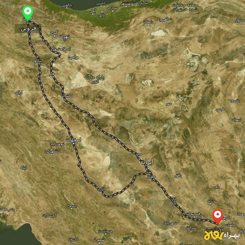 مسافت و فاصله باغین - کرمان تا قزوین از ۲ مسیر - آذر ۱۴۰۳