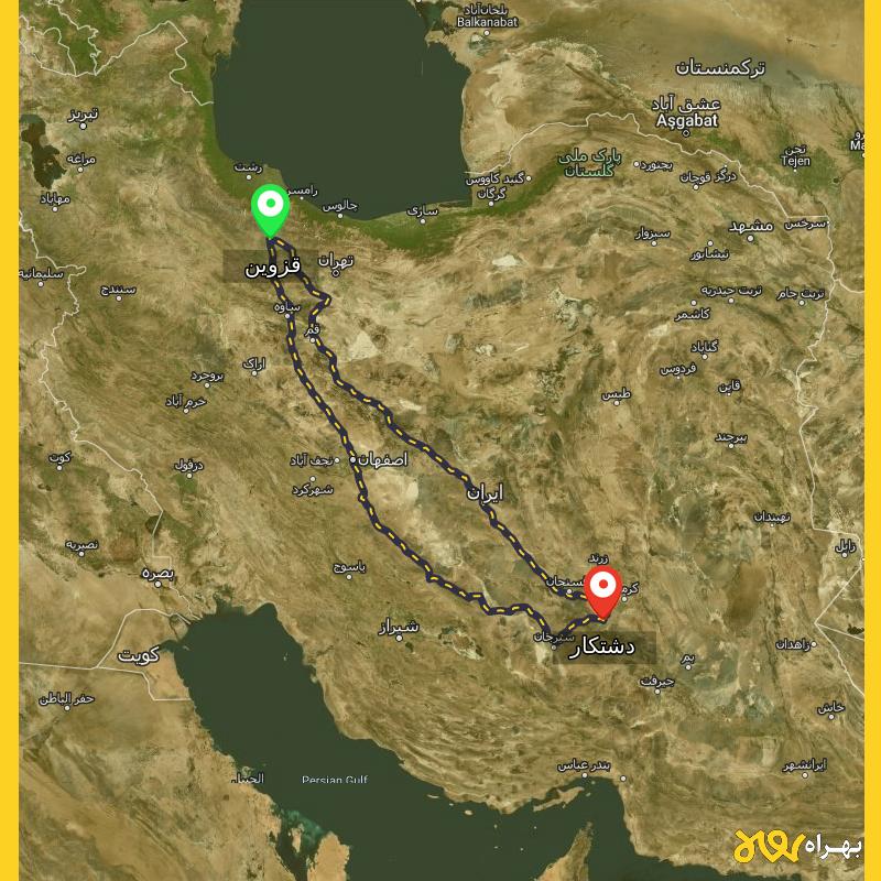 مسافت و فاصله دشتکار - کرمان تا قزوین از ۲ مسیر - مهر ۱۴۰۳