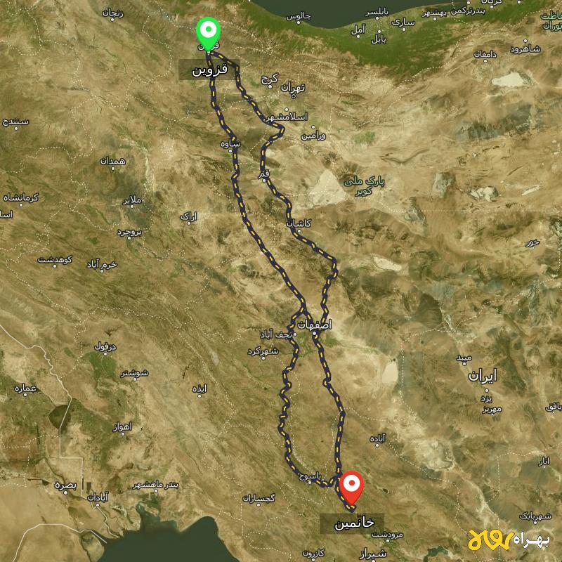 مسافت و فاصله خانمین - فارس تا قزوین از ۳ مسیر - مرداد ۱۴۰۳