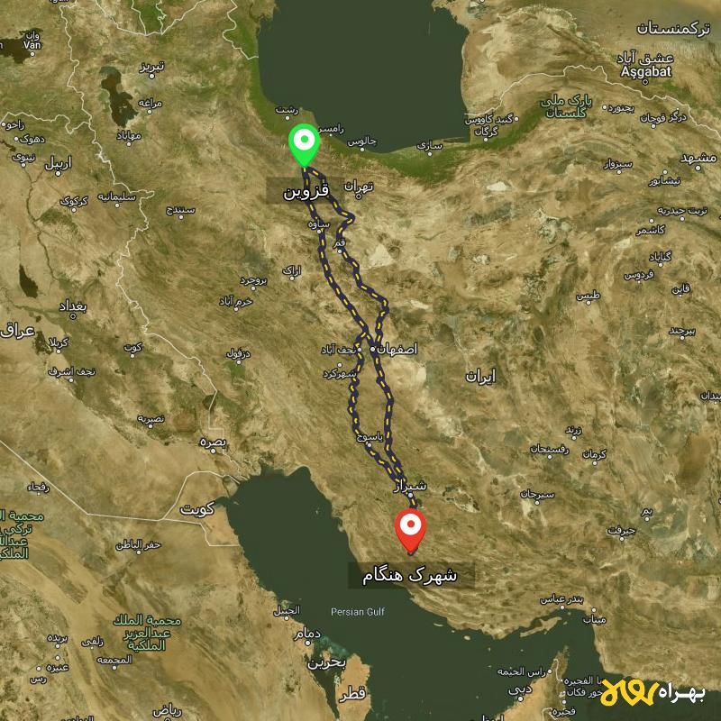 مسافت و فاصله شهرک هنگام - فارس تا قزوین از ۳ مسیر - مرداد ۱۴۰۳