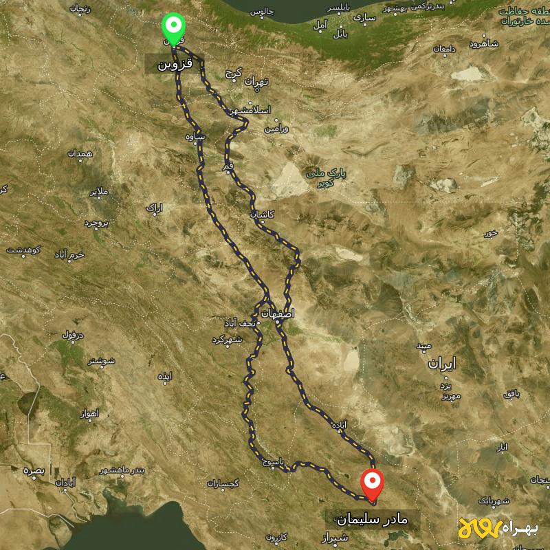 مسافت و فاصله مادر سلیمان - فارس تا قزوین از ۳ مسیر - مرداد ۱۴۰۳