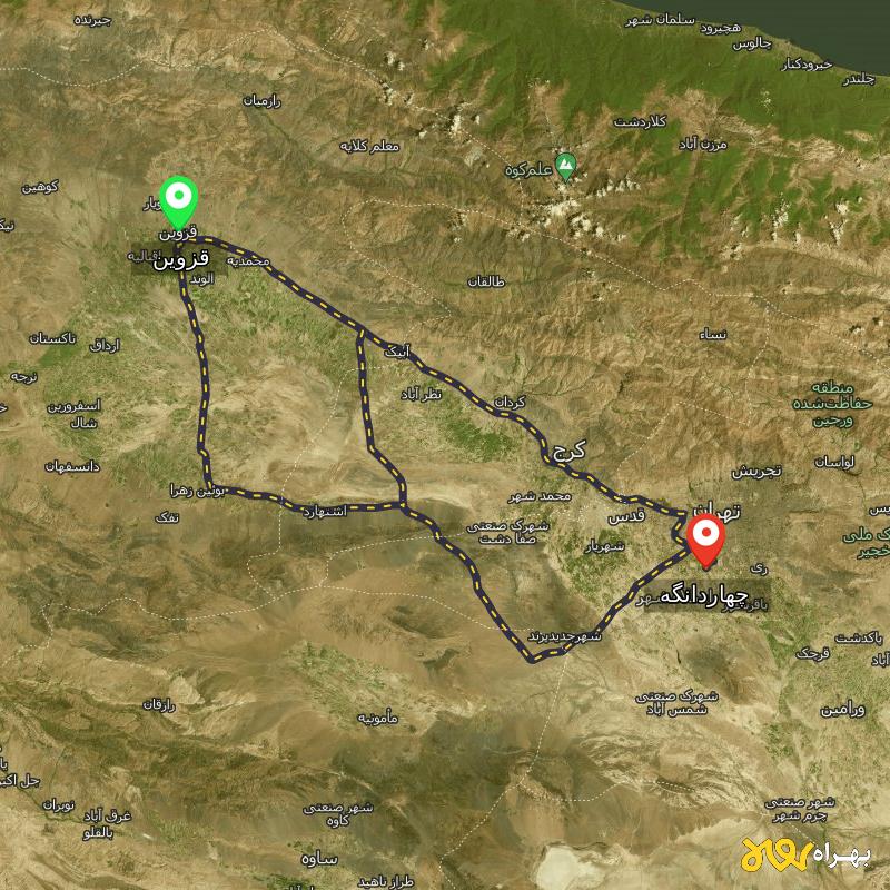 مسافت و فاصله چهاردانگه - تهران تا قزوین از ۳ مسیر - دی ۱۴۰۳