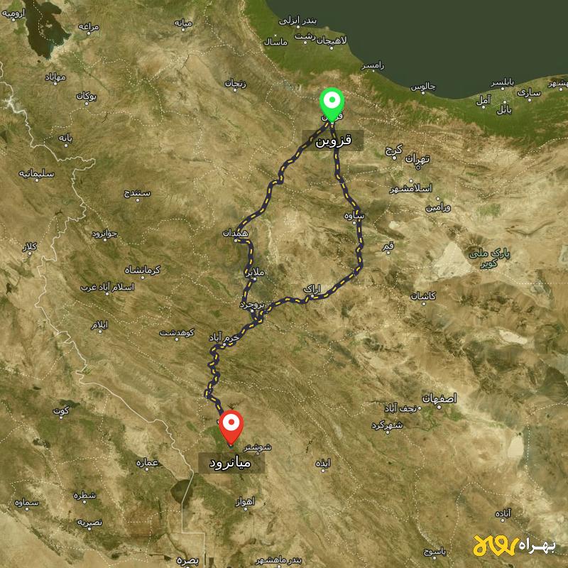 مسافت و فاصله میانرود - خوزستان تا قزوین از ۲ مسیر - شهریور ۱۴۰۳