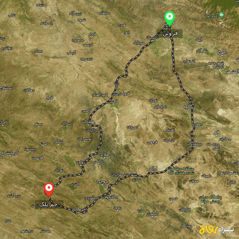 مسافت و فاصله چم پلک - لرستان تا قزوین از ۲ مسیر - شهریور ۱۴۰۳