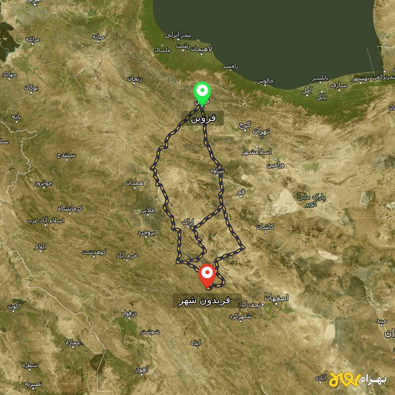 مسافت و فاصله فریدون شهر - اصفهان تا قزوین از ۳ مسیر - آذر ۱۴۰۳