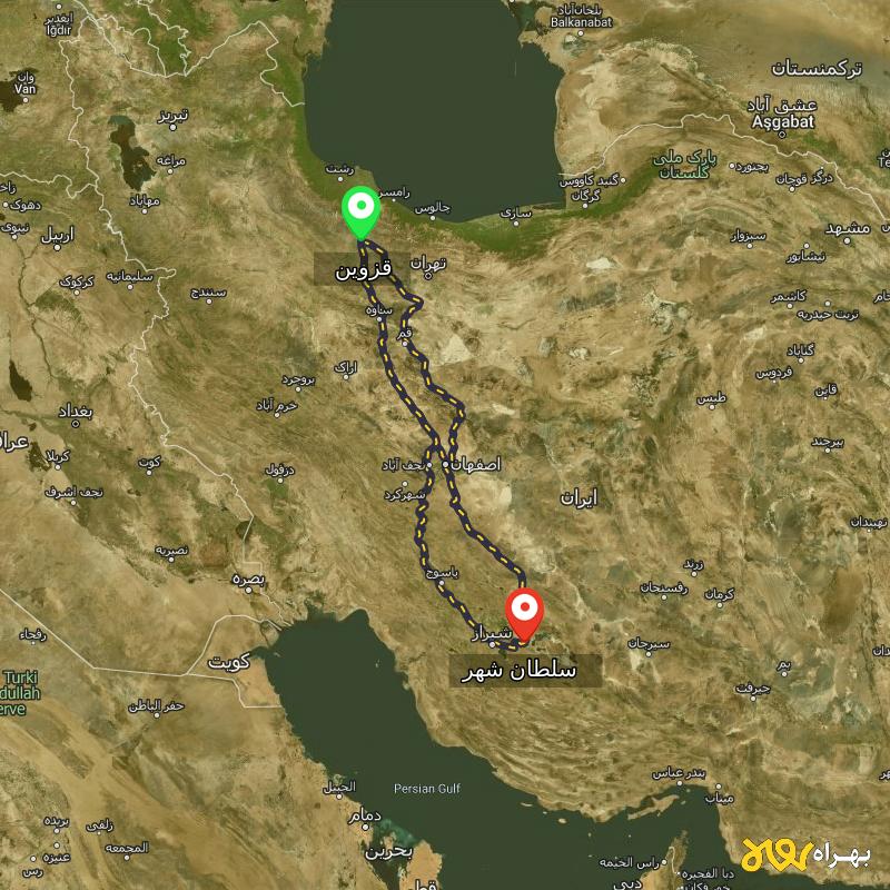مسافت و فاصله سلطان شهر - فارس تا قزوین از ۳ مسیر - مرداد ۱۴۰۳