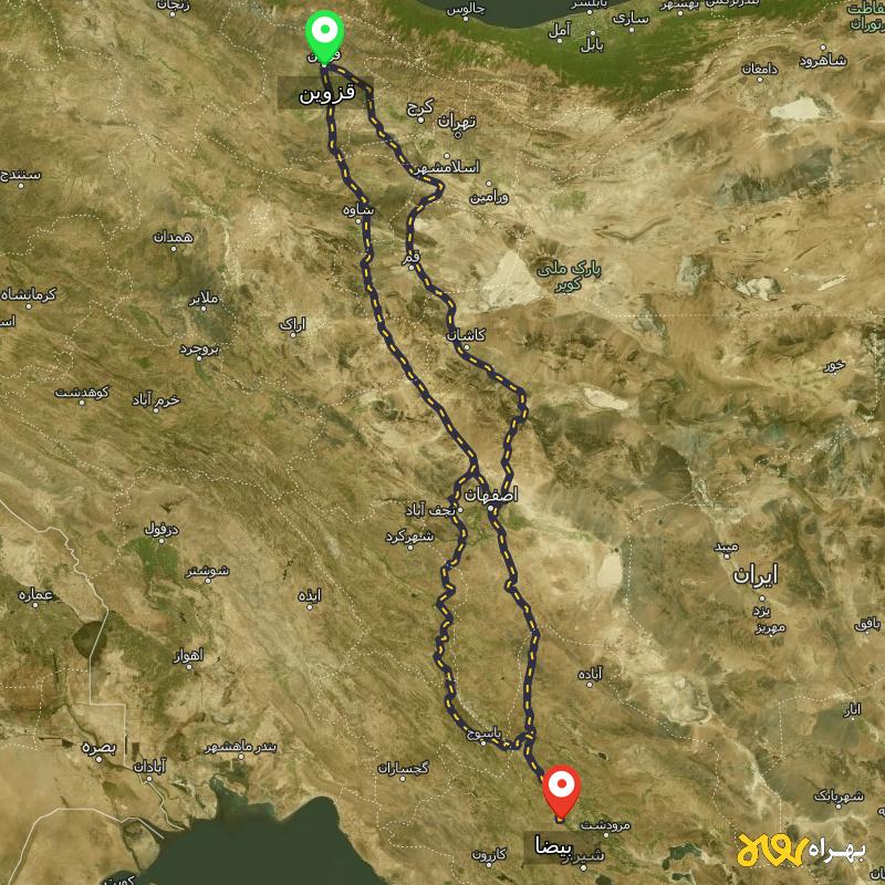 مسافت و فاصله بیضا - فارس تا قزوین از ۳ مسیر - مرداد ۱۴۰۳