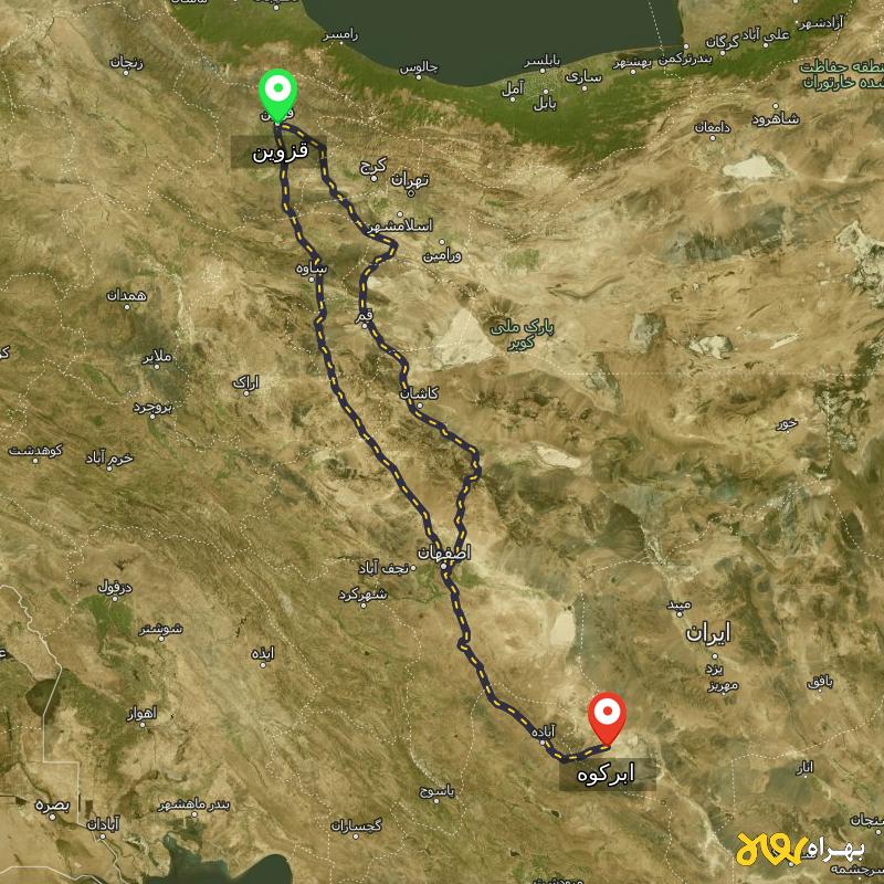 مسافت و فاصله ابرکوه - یزد تا قزوین از ۲ مسیر - مرداد ۱۴۰۳