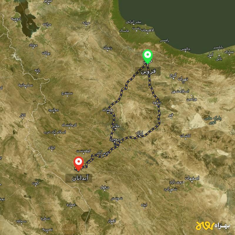 مسافت و فاصله آبدانان - ایلام تا قزوین از ۲ مسیر - دی ۱۴۰۳
