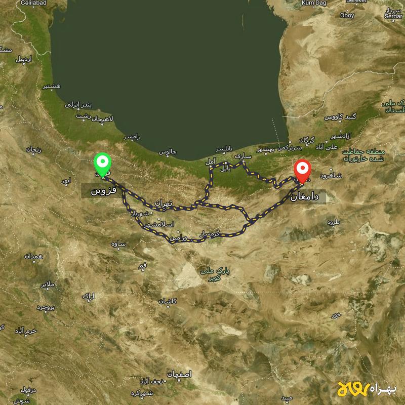 مسافت و فاصله دامغان - سمنان تا قزوین از ۳ مسیر - اردیبهشت ۱۴۰۳