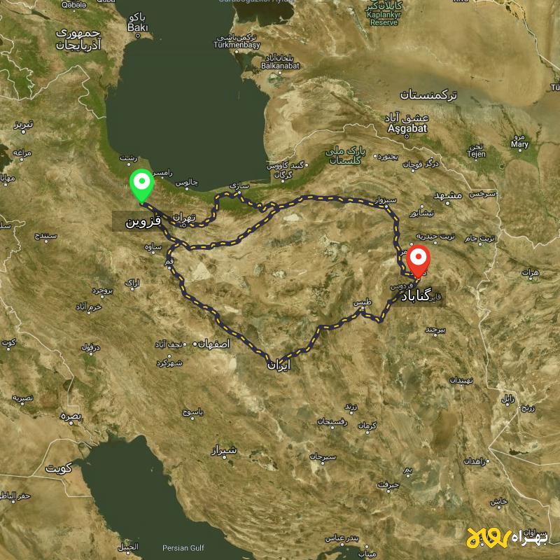 مسافت و فاصله گناباد - خراسان رضوی تا قزوین از ۳ مسیر - آذر ۱۴۰۳