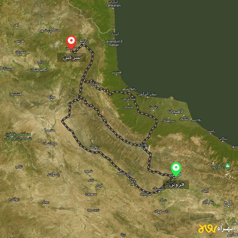 مسافت و فاصله سرعین - اردبیل تا قزوین از ۳ مسیر - مرداد ۱۴۰۳