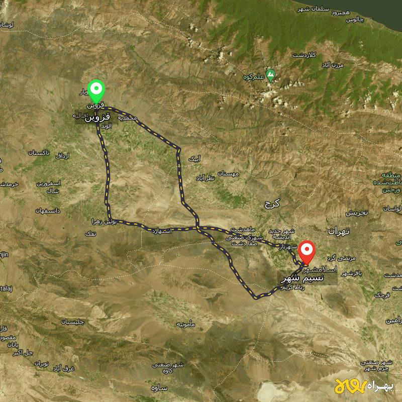 مسافت و فاصله نسیم شهر - تهران تا قزوین از ۳ مسیر - اردیبهشت ۱۴۰۳