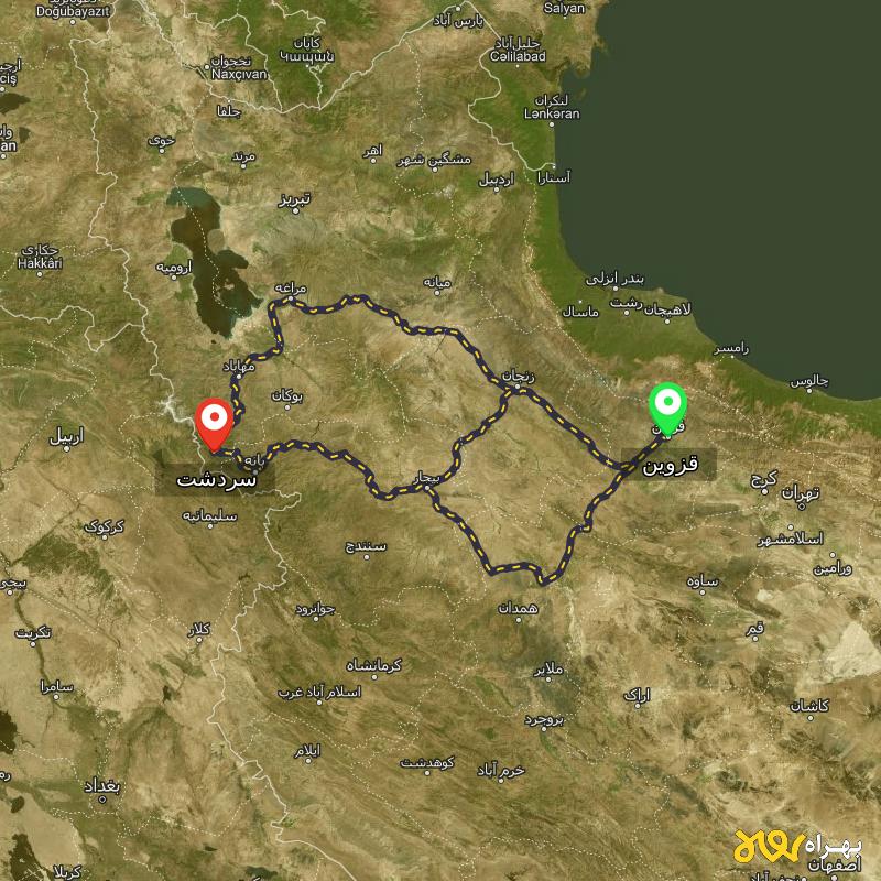مسافت و فاصله سردشت - آذربایجان غربی تا قزوین از ۳ مسیر - آذر ۱۴۰۳