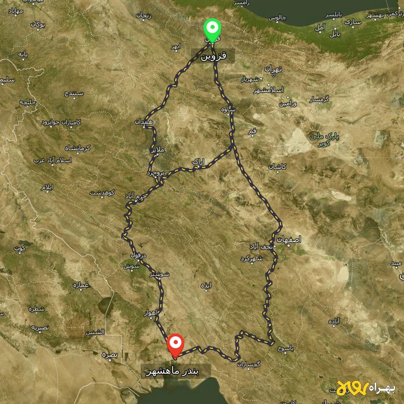 مسافت و فاصله بندر ماهشهر - خوزستان تا قزوین از ۳ مسیر - اردیبهشت ۱۴۰۳