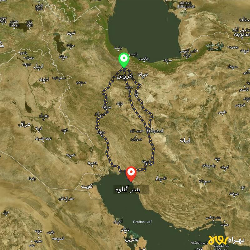 مسافت و فاصله بندر گناوه - بوشهر تا قزوین از ۳ مسیر - اردیبهشت ۱۴۰۳