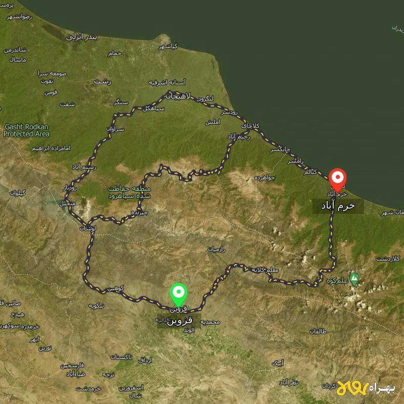 مسافت و فاصله خرم آباد - مازندران تا قزوین از ۳ مسیر - مرداد ۱۴۰۳