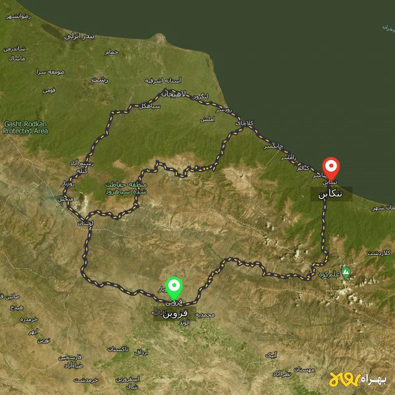 مسافت و فاصله تنکابن - مازندران تا قزوین از ۳ مسیر - مرداد ۱۴۰۳