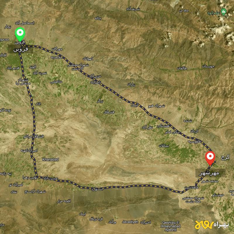 مسافت و فاصله مهرشهر - کرج تا قزوین از ۲ مسیر - اردیبهشت ۱۴۰۳