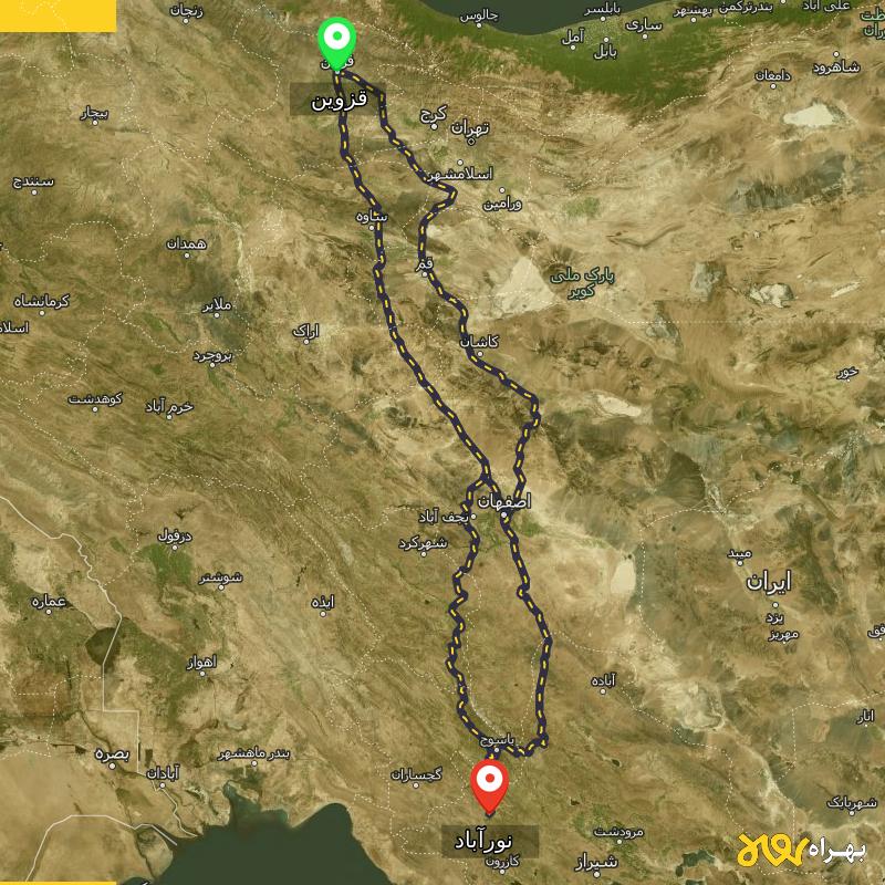 مسافت و فاصله نورآباد - نورآباد ممسنی تا قزوین از ۳ مسیر - آذر ۱۴۰۳