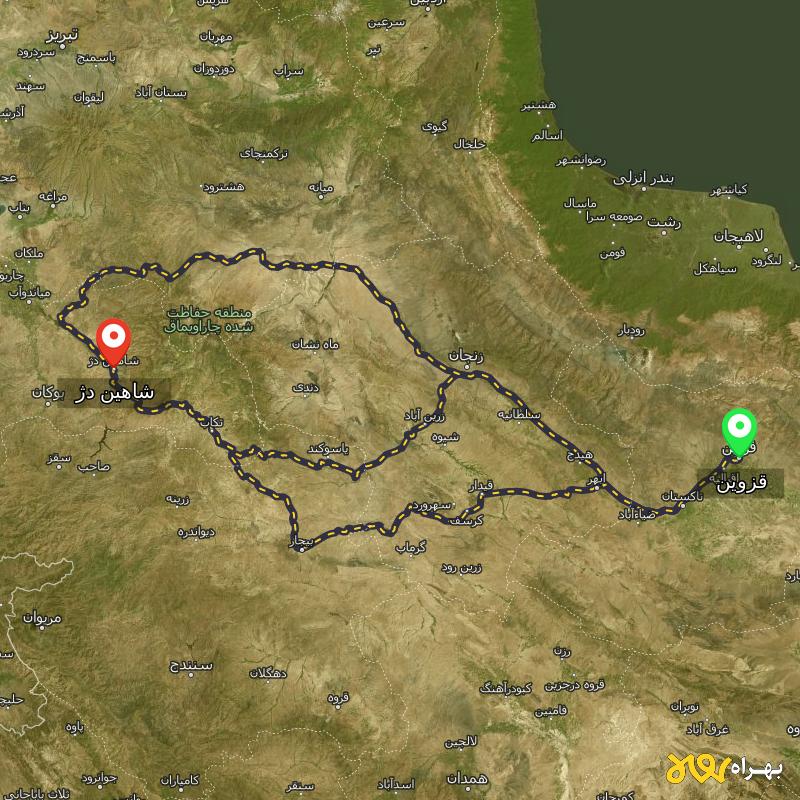 مسافت و فاصله شاهین دژ - آذربایجان غربی تا قزوین از ۳ مسیر - دی ۱۴۰۳