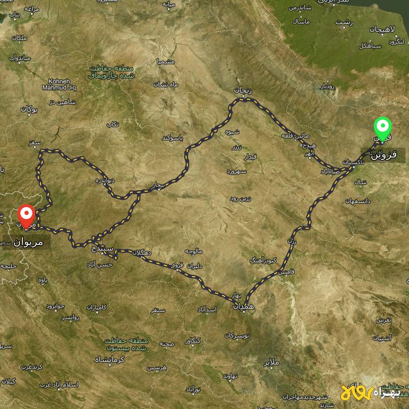 مسافت و فاصله مریوان - کردستان تا قزوین از 3 مسیر - مسیریاب بهراه
