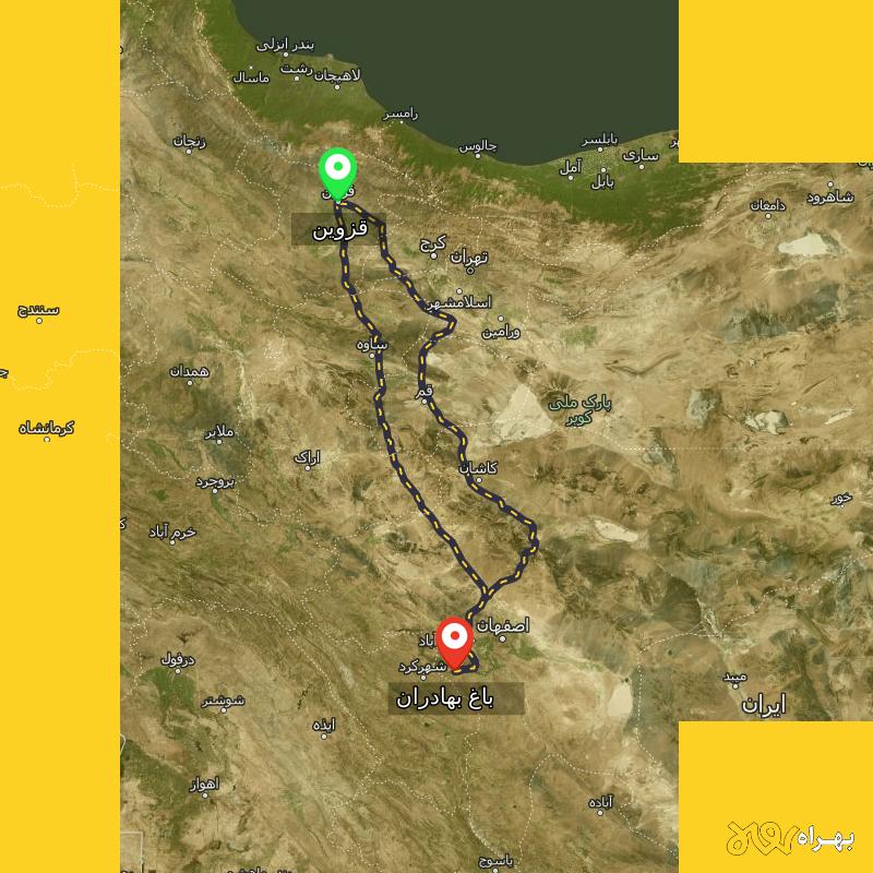 مسافت و فاصله باغ بهادران - اصفهان تا قزوین از ۲ مسیر - آذر ۱۴۰۳