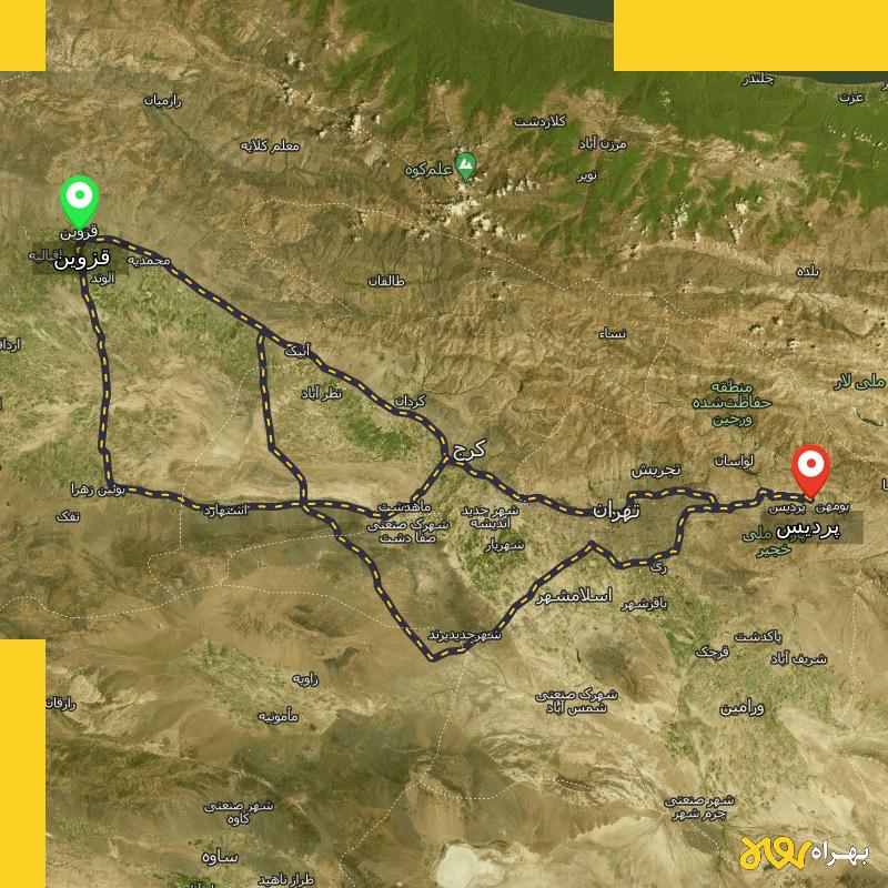 مسافت و فاصله پردیس - تهران تا قزوین از ۳ مسیر - مهر ۱۴۰۳