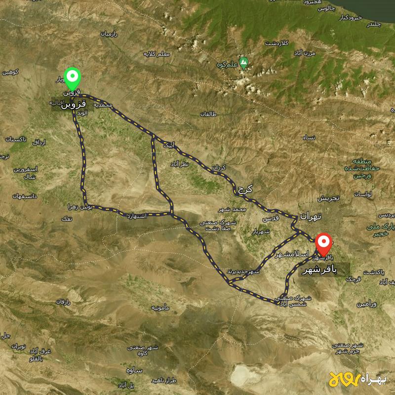 مسافت و فاصله باقرشهر - تهران تا قزوین از ۳ مسیر - خرداد ۱۴۰۳