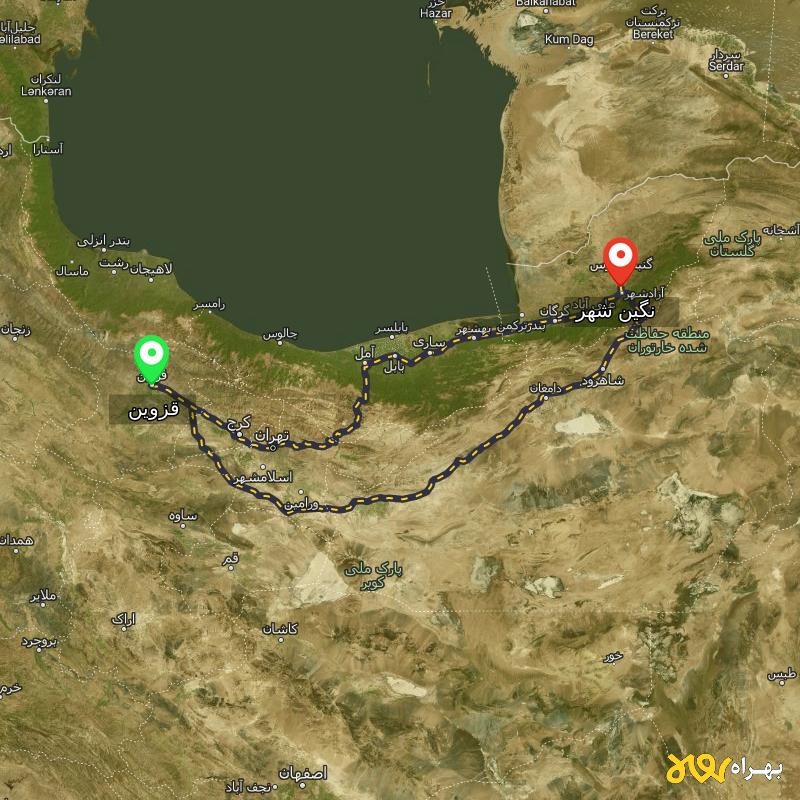 مسافت و فاصله نگین شهر - گلستان تا قزوین از ۲ مسیر - اردیبهشت ۱۴۰۳