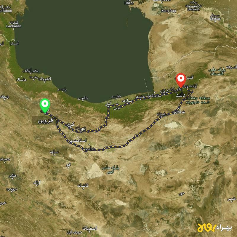 مسافت و فاصله دلند - گلستان تا قزوین از ۲ مسیر - بهمن ۱۴۰۳