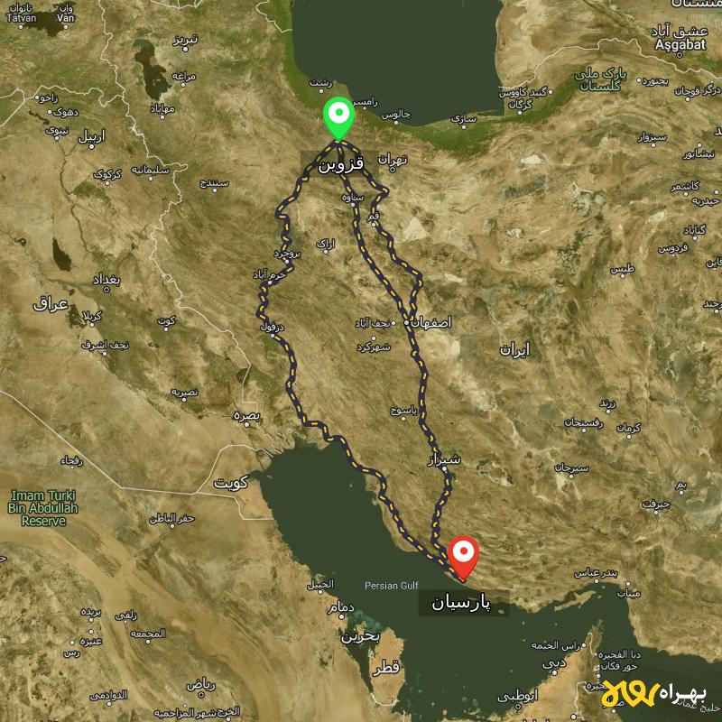 مسافت و فاصله پارسیان - هرمزگان تا قزوین از ۳ مسیر - اردیبهشت ۱۴۰۳