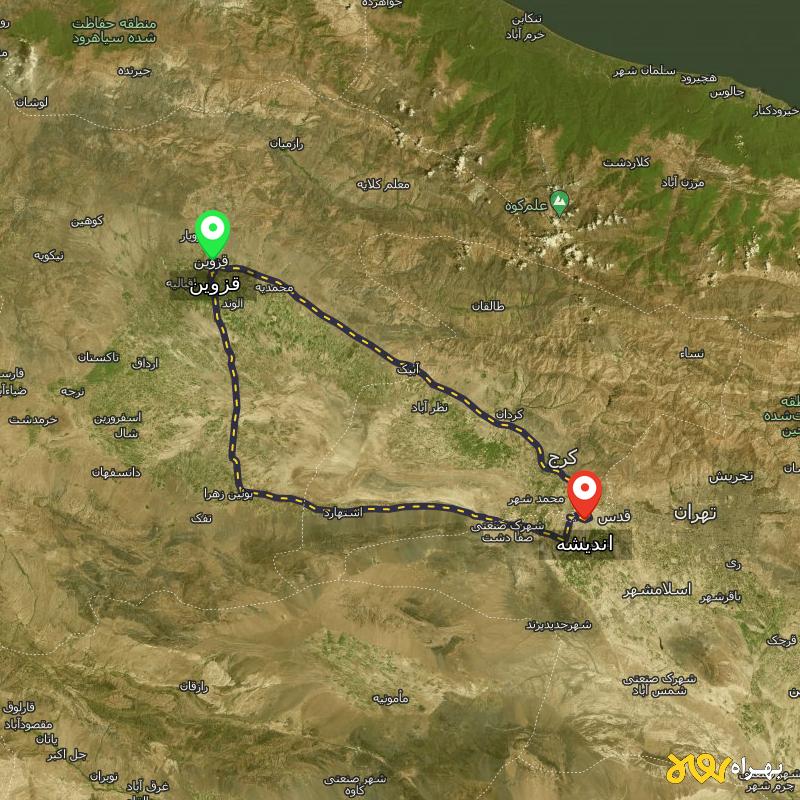 مسافت و فاصله اندیشه تا قزوین از ۲ مسیر - بهمن ۱۴۰۳