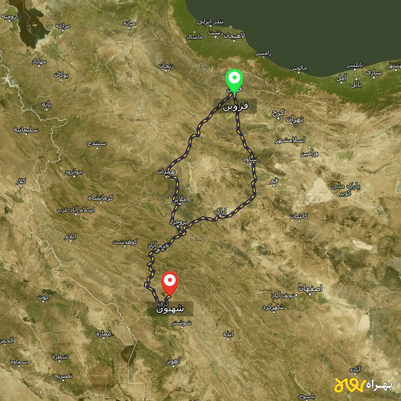 مسافت و فاصله شهیون - خوزستان تا قزوین از ۲ مسیر - مهر ۱۴۰۳