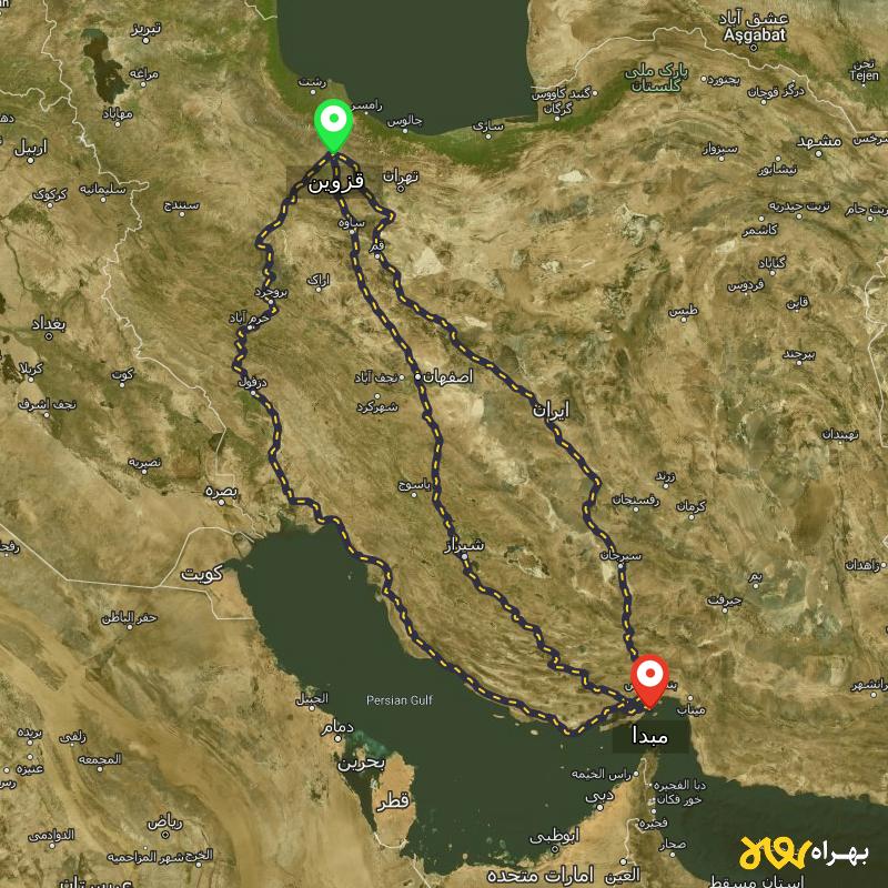 مسافت و فاصله شهر قشم - هرمزگان تا قزوین از ۳ مسیر - اردیبهشت ۱۴۰۳