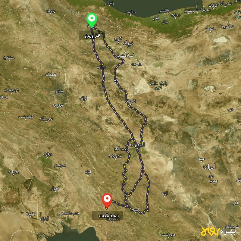 مسافت و فاصله دهدشت - کهگیلویه و بویر احمد تا قزوین از ۳ مسیر - مرداد ۱۴۰۳