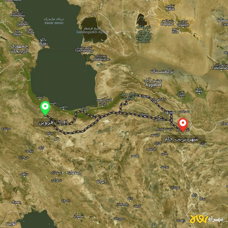 مسافت و فاصله شهر تربت جام تا قزوین از ۳ مسیر - اردیبهشت ۱۴۰۳