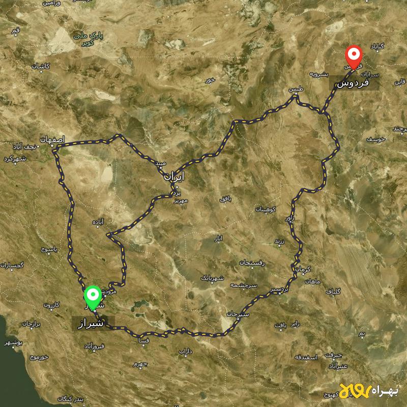 مسافت و فاصله فردوس - خراسان جنوبی تا شیراز از ۳ مسیر - اردیبهشت ۱۴۰۳