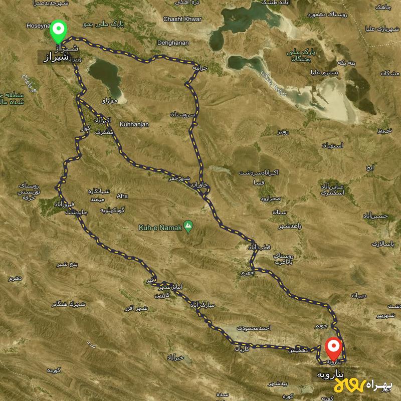 مسافت و فاصله بنارویه - فارس تا شیراز از ۳ مسیر - اردیبهشت ۱۴۰۳