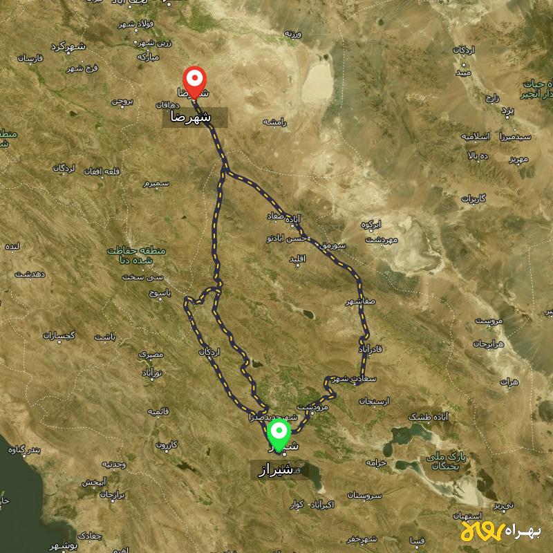 مسافت و فاصله شهرضا - اصفهان تا شیراز از ۳ مسیر - اردیبهشت ۱۴۰۳