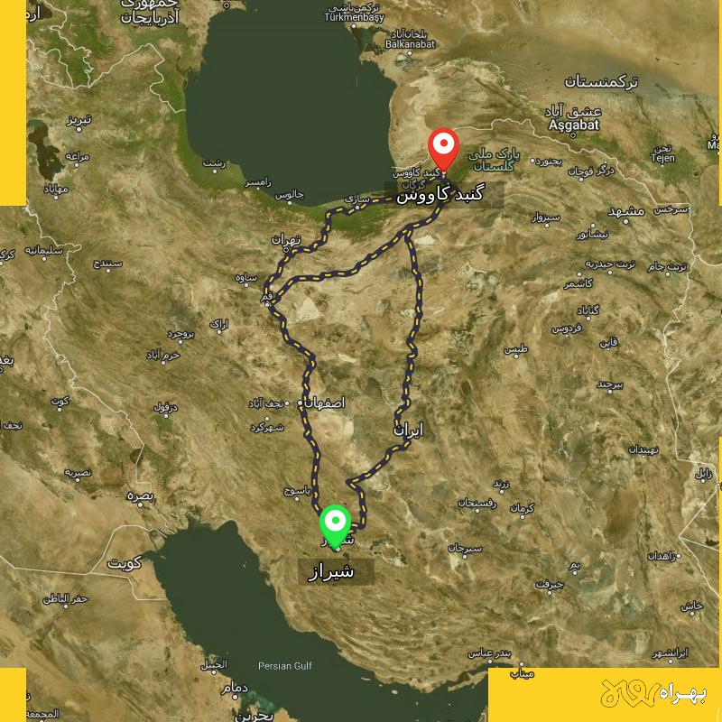 مسافت و فاصله گنبد کاووس - گلستان تا شیراز از ۳ مسیر - اردیبهشت ۱۴۰۳