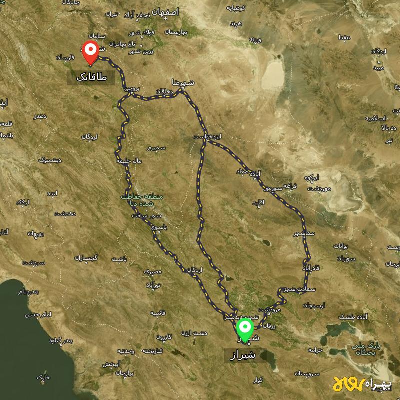 مسافت و فاصله طاقانک - چهارمحال و بختیاری تا شیراز از ۳ مسیر - اردیبهشت ۱۴۰۳