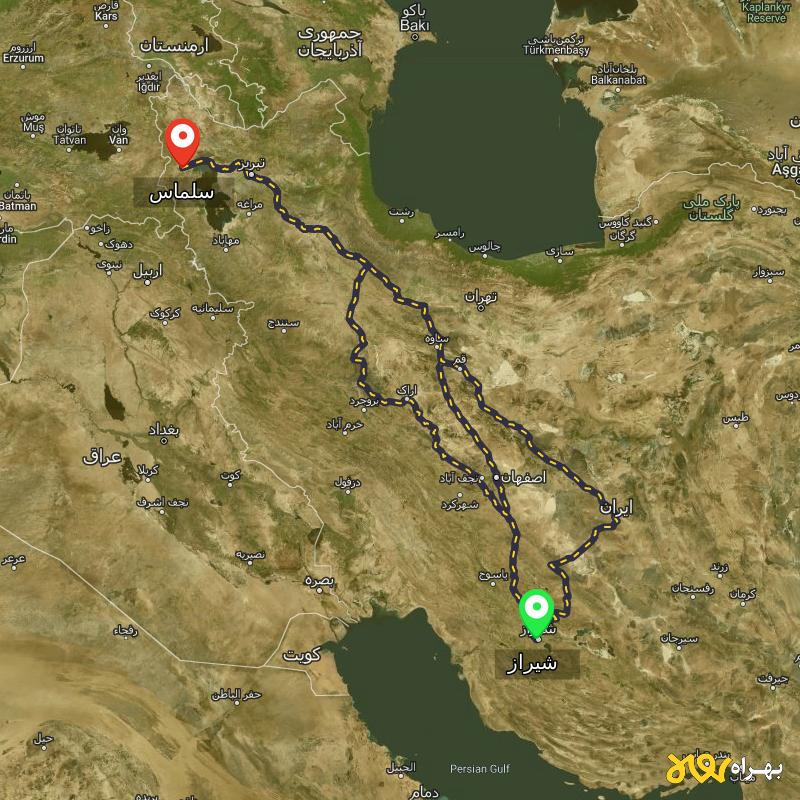 مسافت و فاصله سلماس - آذربایجان غربی تا شیراز از ۳ مسیر - اردیبهشت ۱۴۰۳