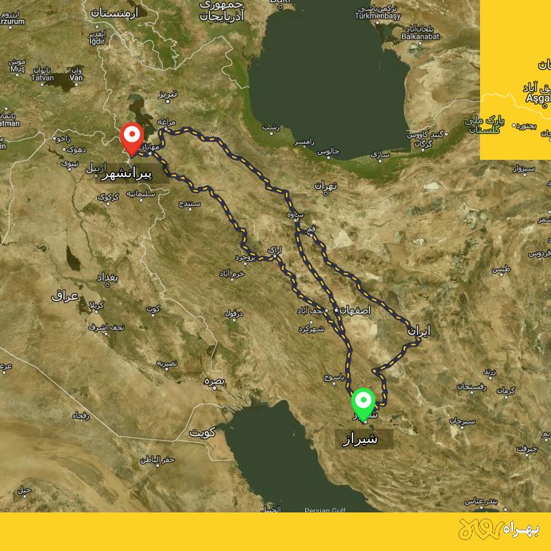 مسافت و فاصله پیرانشهر - آذربایجان غربی تا شیراز از ۳ مسیر - اردیبهشت ۱۴۰۳